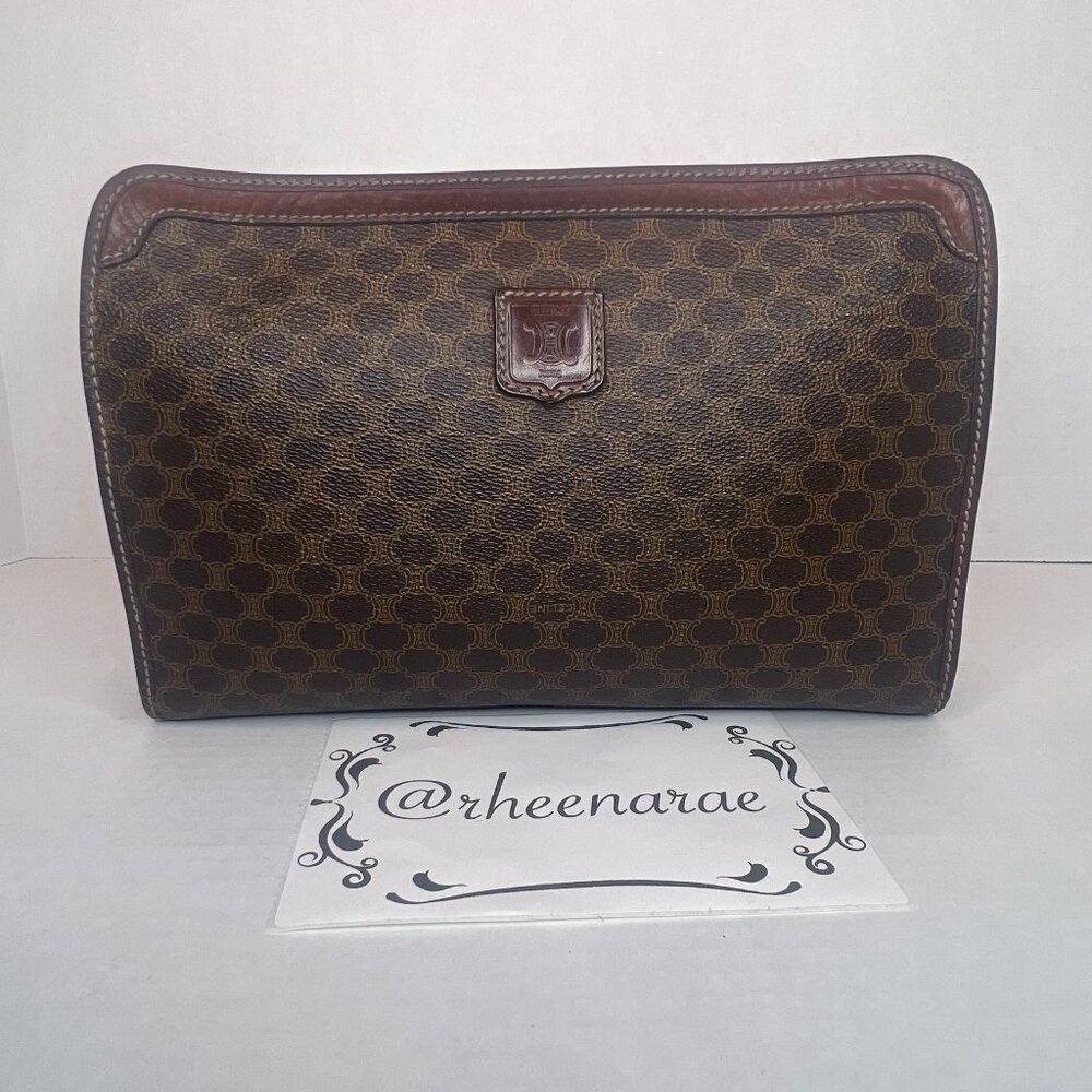 Authentic Celine Macadam Vintage Triomphe Brown/Tan Canvas Clutch